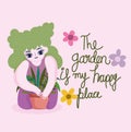 Happy garden, girl with plant in pot, lettering flowers