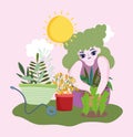 Happy garden, girl with wheelbarrow flowers leaves and plant in pot
