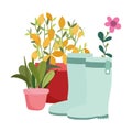 Happy garden, green boots plants in pots flower decoration