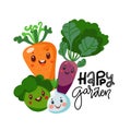 Happy garden isolated concept with different cute happy vegetable characters. Vector hand drawn flat illustration Royalty Free Stock Photo