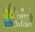 Happy garden, plant in pot folaige hearts love card