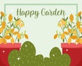 Happy garden, potteed flowers leaves cactus nature banner