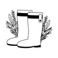 Happy garden, rubber boots leaves foliage line icon style