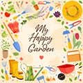 Happy Garden tool greeting card. Vector illustration of gardening elements: spade, pitchfork, wheelbarrow, plants, watering can,