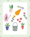 Happy garden, watering can bucket pot plant flower fruits icons Royalty Free Stock Photo