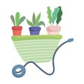 Happy garden, wheelbarrow with potted plants cartoon