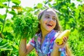 Happy gardener girl hold homegrown food just from farm Royalty Free Stock Photo