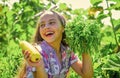 Happy gardener girl hold homegrown food just from farm Royalty Free Stock Photo