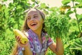 Happy gardener girl hold homegrown food just from farm Royalty Free Stock Photo