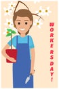 Happy Gardener with Plant on Card for Workers Day