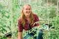 Happy gardener woman in gloves and care tomatoes in greenhouse. Gardening and floriculture. Garden care