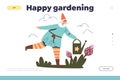 Happy gardening concept of landing page with funny female gnome water flowers from watering can