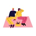 A happy gay couple of men in casual clothes sitting on the rug and hugging. Vector illustration in cartoon style. Royalty Free Stock Photo