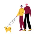 A happy gay couple of men in casual clothes walking dog and hugging. Vector illustration in cartoon style. Royalty Free Stock Photo