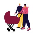A happy gay couple of men in casual clothes walking with a stroller. Vector illustration in cartoon style. Royalty Free Stock Photo