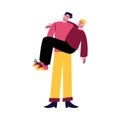 A happy gay man in yellow pants holds on hands his boyfriend. Vector illustration in cartoon style. Royalty Free Stock Photo