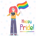 Happy Gay Pride postcard illustration. Pretty girl with rainbow flag and camera.