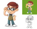 Happy Geek Boy with Confident Gesture Holding His Glasses Cartoon Character Mascot Illustration