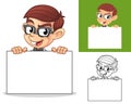 Happy Geek Boy Holding Blank Board Cartoon Character Mascot Illustration