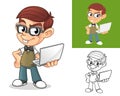 Happy Geek Boy Standing and Holding a Laptop Computer Cartoon Character Mascot Illustration