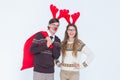 Happy geeky hipster couple with stag headband