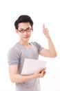 Happy genius smart nerd or geek man giving thumb up Royalty Free Stock Photo