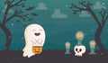 Happy ghost with pumpkin candles skull halloween