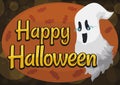 Happy Ghost and Sign with Candies for Halloween Celebration, Vector Illustration