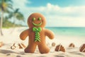 Happy Gingerbread Man on Beach Vacation