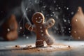 A happy gingerbread man dancing on the kitchen table. Generative AI