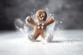 A happy gingerbread man dancing on the kitchen table. Generative AI