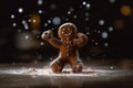 A happy gingerbread man dancing on the kitchen table. Generative AI