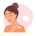 Happy girl applying hydrating and moisturizing cream on neck skin Royalty Free Stock Photo