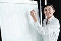 Happy girl of asian appearance smiles broadly and draws a drawing on a white board holding a felt-tip pen in her hand Royalty Free Stock Photo