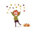 Happy girl in autumn throws leaves. illustration