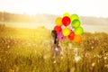 Happy girl with balloons walking across the field Royalty Free Stock Photo