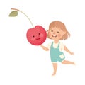 Happy Girl with Big Cherry Fruit with Cheerful Smiley Vector Illustration