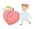 Happy Girl with Big Peach Fruit with Cheerful Smiley Vector Illustration