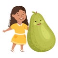 Happy Girl with Big Pear Fruit with Cheerful Smiley Vector Illustration