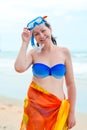 Happy girl in bikini near the sea on the beach in a mask Royalty Free Stock Photo