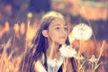 Happy girl blowing dandelion flower Royalty Free Stock Photo