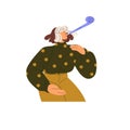 Happy girl blowing to noisemaker. Young woman with party horn, blower has fun. Funny person celebrates holiday, rejoices