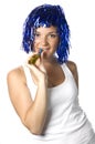 Happy girl with blue wig ready for party Royalty Free Stock Photo