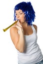 Happy girl with blue wig ready for party Royalty Free Stock Photo