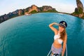 Happy girl on board of sailing yacht have a fun Royalty Free Stock Photo