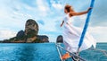 Happy girl on board of sailing yacht have a fun Royalty Free Stock Photo