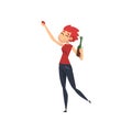 Happy girl with bottle of alcohol drink in her hands, smiling young woman character drinking alcohol vector Illustration Royalty Free Stock Photo