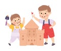 Happy girl and boy building sandcastle. Joyful elder brother and little sister playing together cartoon vector Royalty Free Stock Photo