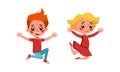 Happy girl and boy happily jumping. Funny kids having fun cartoon vector illustration Royalty Free Stock Photo