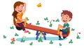 Happy girl, boy kids swinging on seesaw together Royalty Free Stock Photo